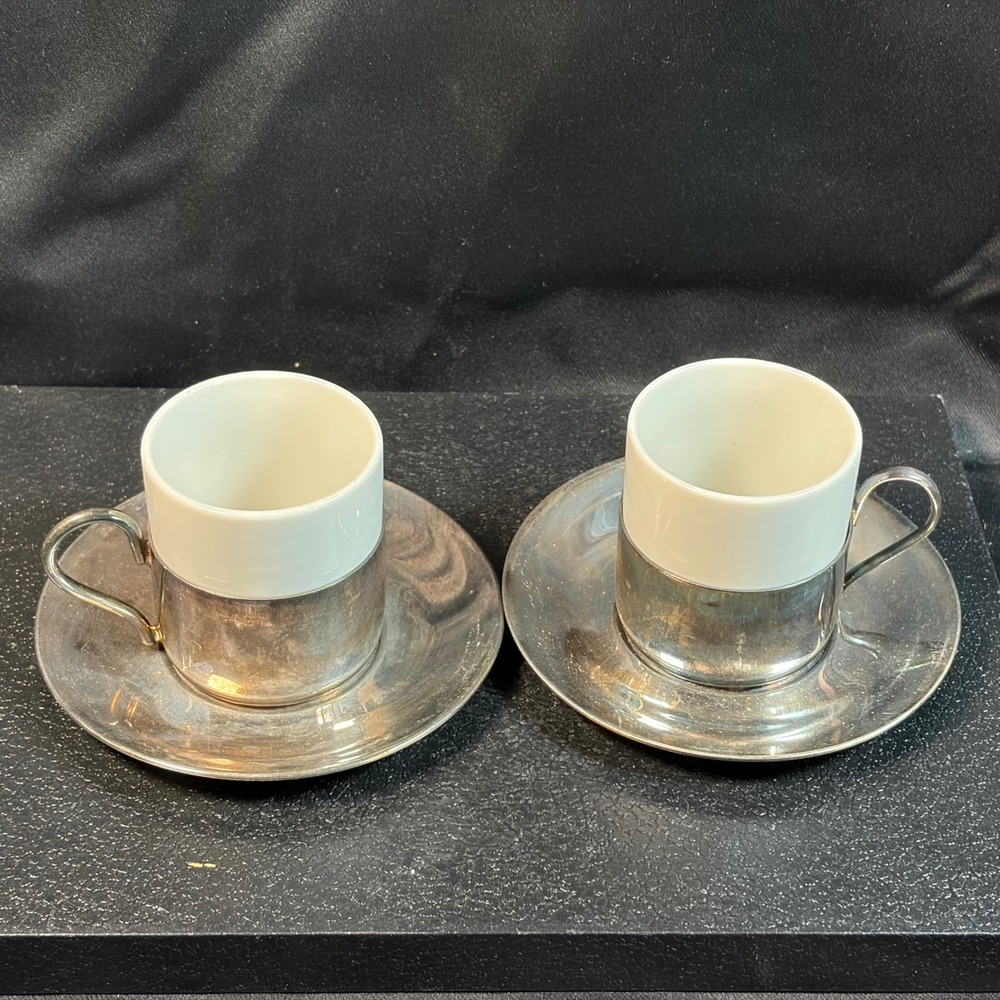 Vintage Demitasse Espresso Cup Saucer Set Silver Tone Metal Porcelain MCM 2pc